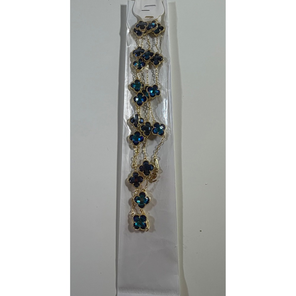 Blue Teal Clover Station Necklace Gold Tone Flower Motif Jewelry New